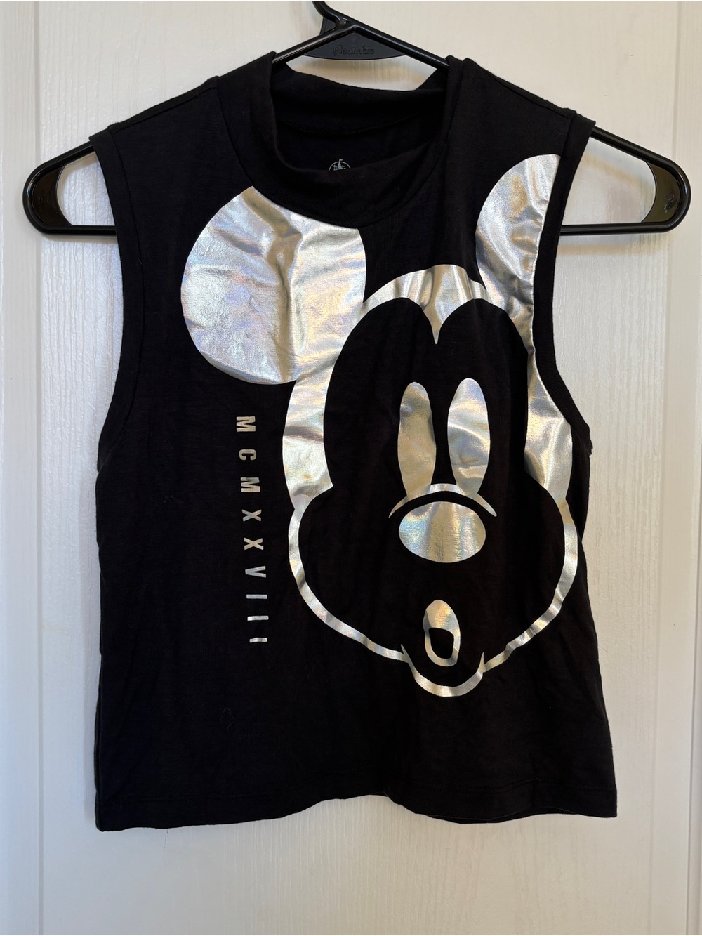 Disney Black Sleeveless Crop Top with Silver Mickey Graphic